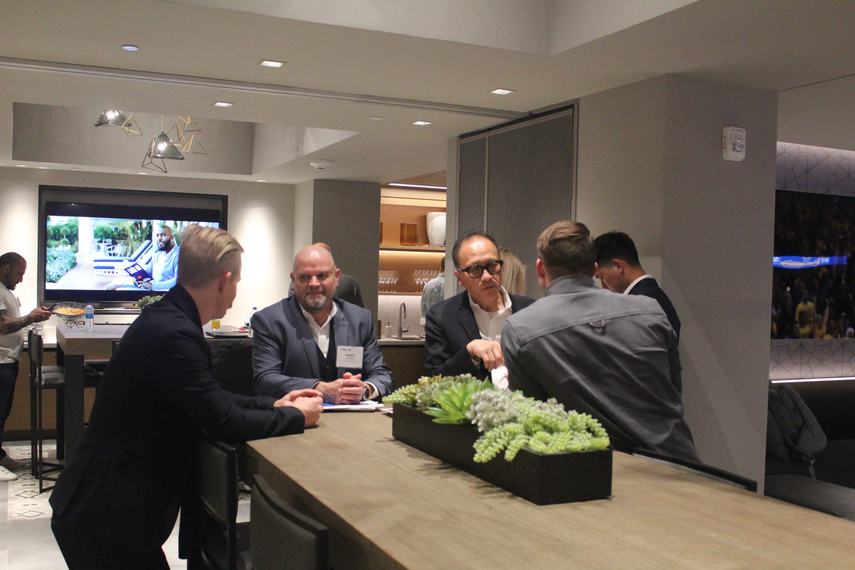 Attendees enjoy the suite at the Chase Center in San Francisco for the Warriors vs Grizzlies basketball game.