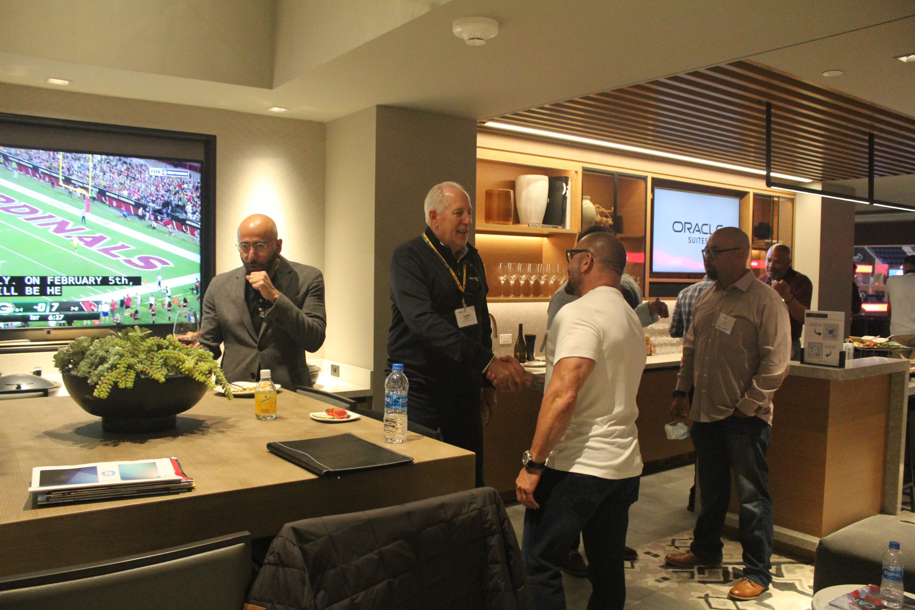 Attendees enjoy the suite at the Chase Center in San Francisco for the Warriors vs Grizzlies basketball game.