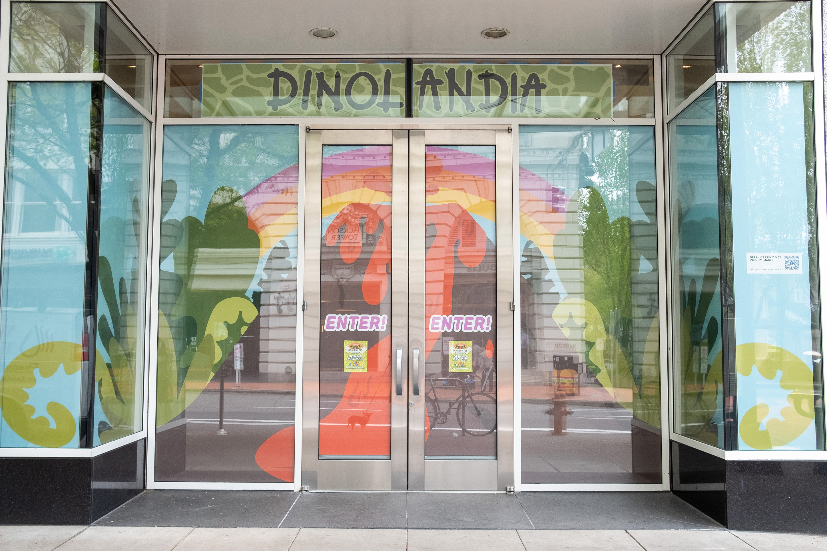 Dinolandia window graphics produced by Infinity Images.